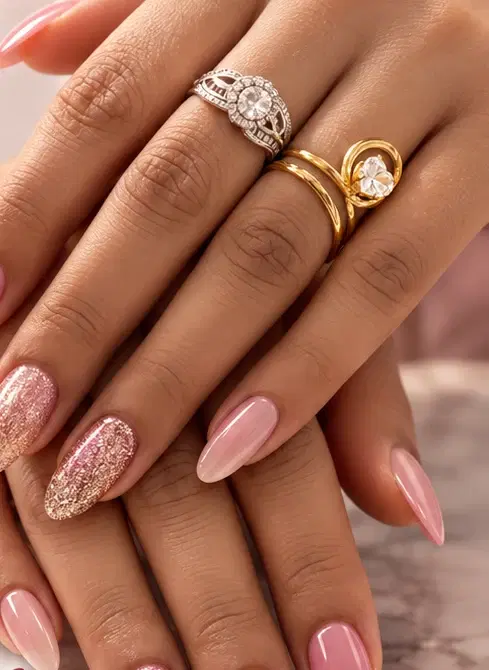 Almond nails in soft pink with rose-gold glitter accents